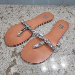 Leather Thong Sandals Rhinestones Silver Snakeskin Embossed 38